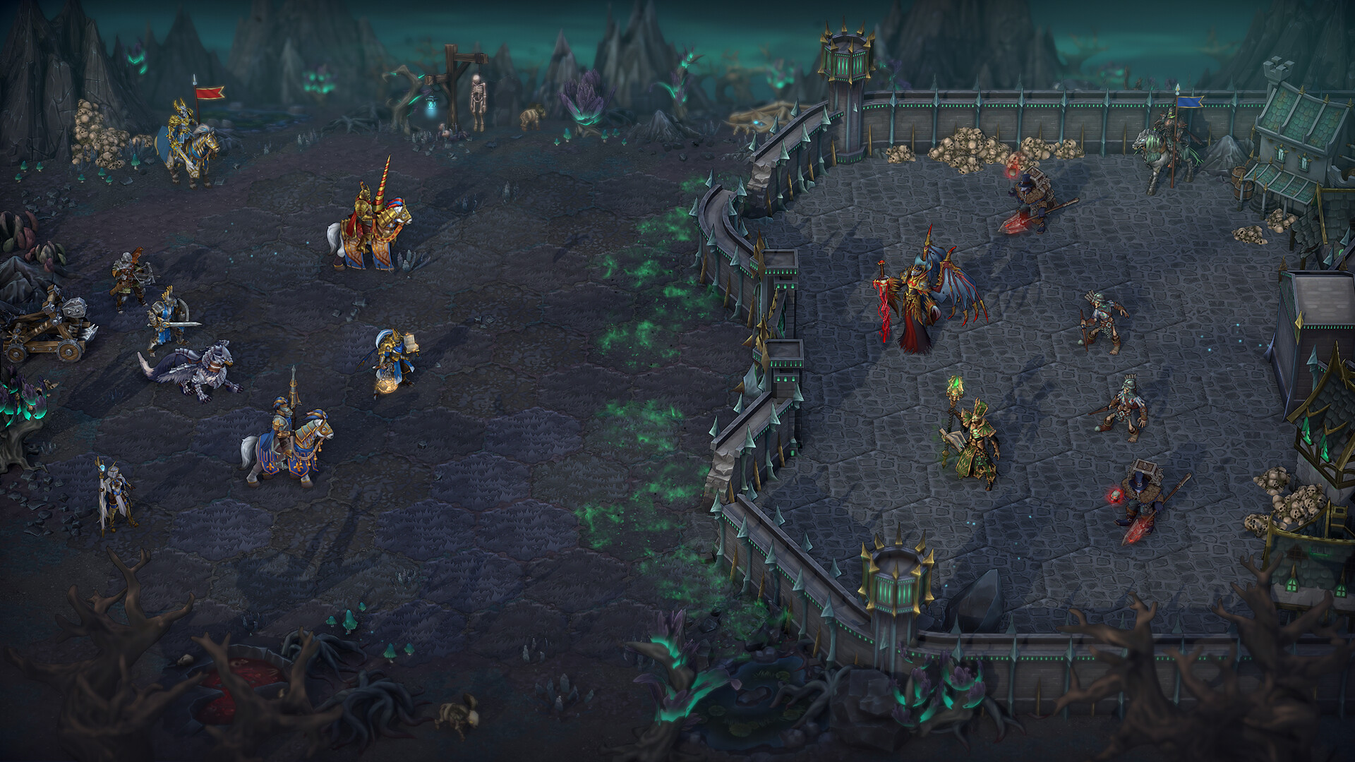 An army of knights prepares to attack an undead stronghold in a Heroes of Might and Magic: Olden Era tactical battle.