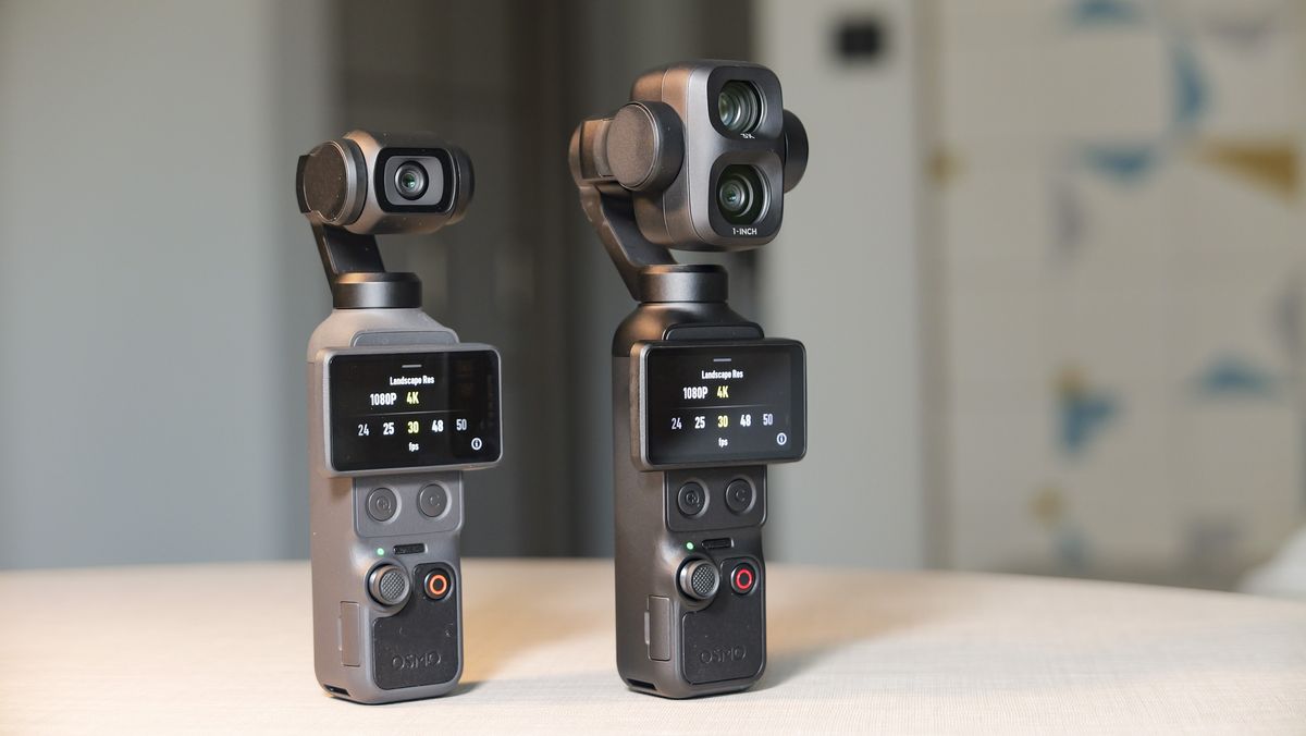 DJI Osmo Pocket 4P vlogging camera on a white desk in modern room, alongside the DJI Osmo Pocket 4