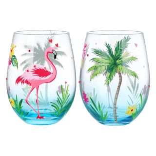 A pair of painted tropical glasses with flamingos