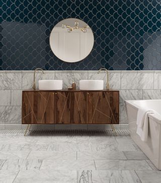 modern bathroom with blue and grey tiles