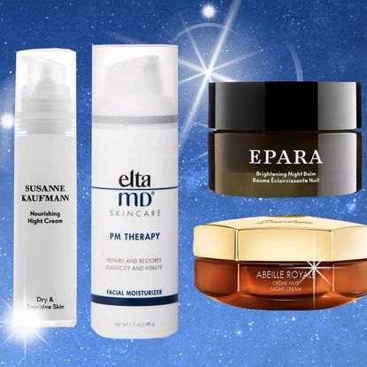 collage of best night creams including elta md and susanne kaufman night creams