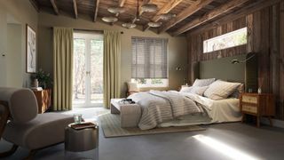 window with wooden beamed ceiling, patio doors with curtains, blind at window and celestory window behind bed
