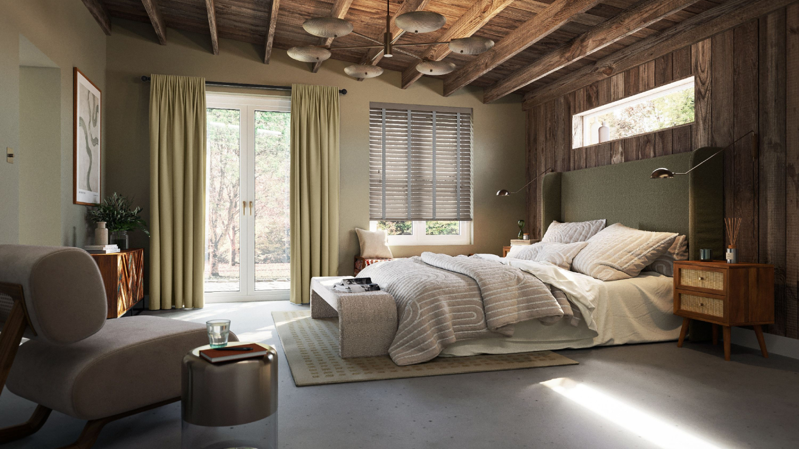 window with wooden beamed ceiling, patio doors with curtains, blind at window and celestory window behind bed