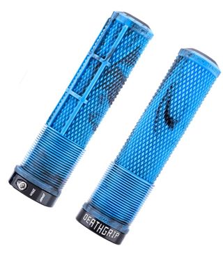 A pair of blue colored DMR Deathgrip2 grips on a white background