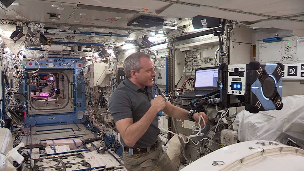 Canadian Space Agency astronaut David Saint-Jacques monitors Bumble during its first flight aboard the International Space Station. 