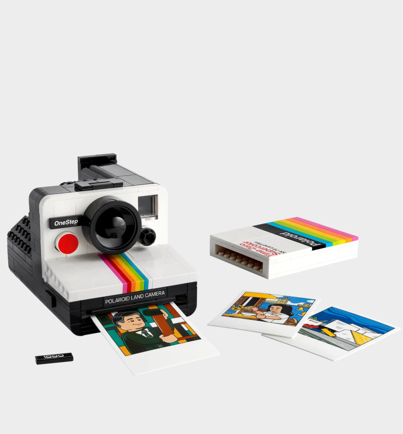 Lego Polaroid Camera set and pictures on a plain background