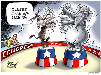 Political cartoon U.S. Congress party politics Ringling Brothers Circus