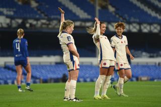 Erin Cuthbert of Chelsea celebrates with teammate Johanna Rytting Kaneryd after scoring her team's second goal during the Barclays Women's Super League match between Everton and Chelsea at Goodison Park on November 03, 2024 in Liverpool, England.