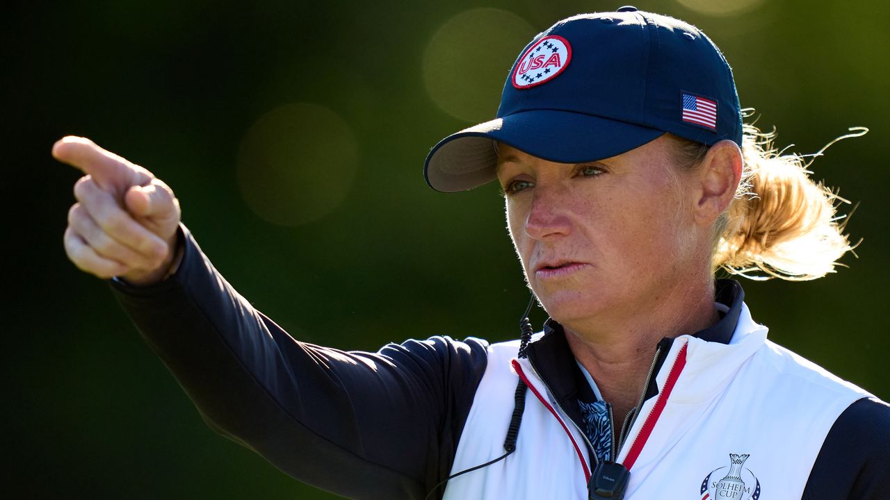 Stacy Lewis points at something during the 2023 Solheim Cup