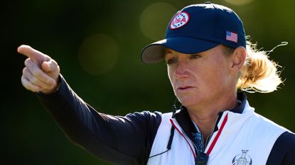 Stacy Lewis points at something during the 2023 Solheim Cup