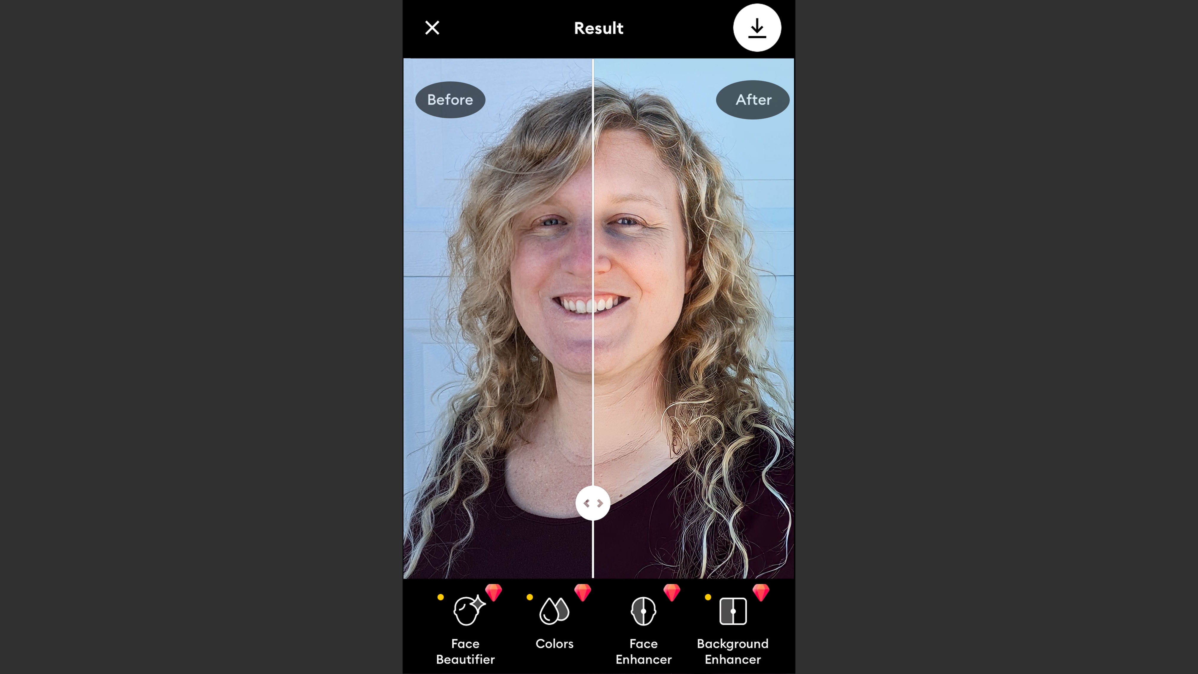 Remini AI Photo Enhancer iOS app with before and after slider.