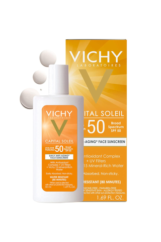 Vichy sunscreen bottle and box on a white background