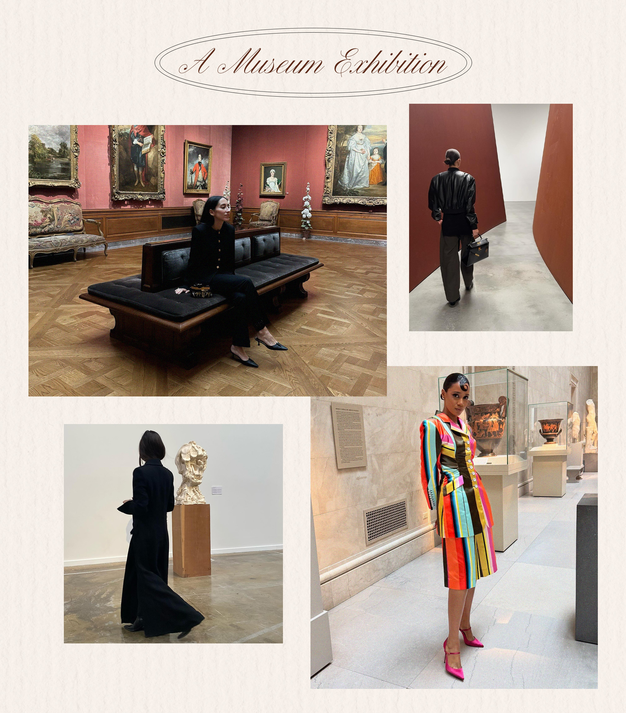 A collage of what to wear to a museum exhibition.