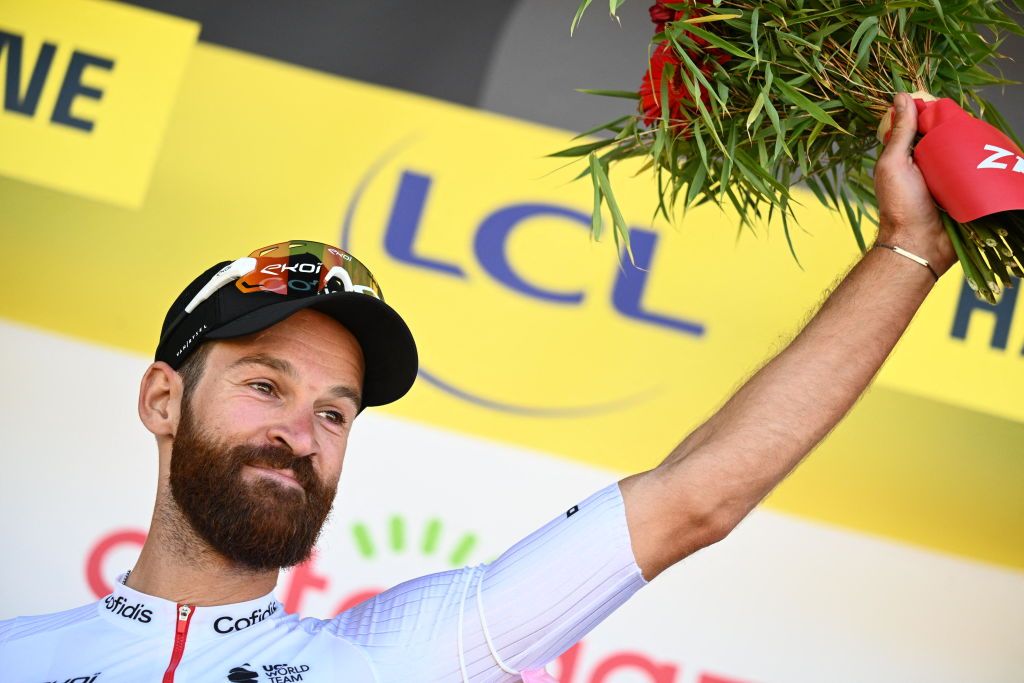 German Simon Geschke of Cofidis celebrates on the podium of stage seven of the Tour de France cycling race a 176 km race from Tomblaine to La Super Planche des Belles Filles France on Friday 08 July 2022 This years Tour de France takes place from 01 to 24 July 2022 BELGA PHOTO POOL JASPER JACOBS UK OUT Photo by JASPER JACOBS BELGA MAG Belga via AFP Photo by JASPER JACOBSBELGA MAGAFP via Getty Images