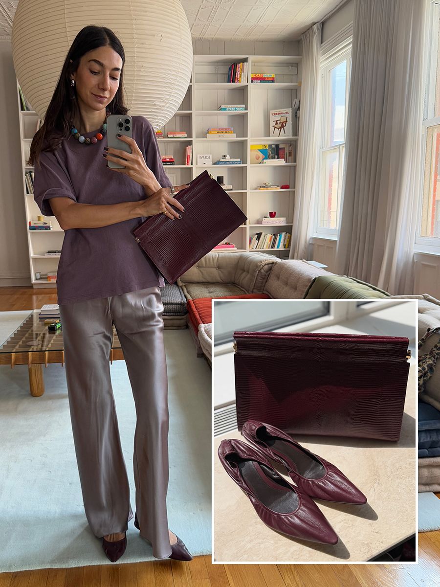 melanie masarin ghia style outfits wearing. a purple clutch