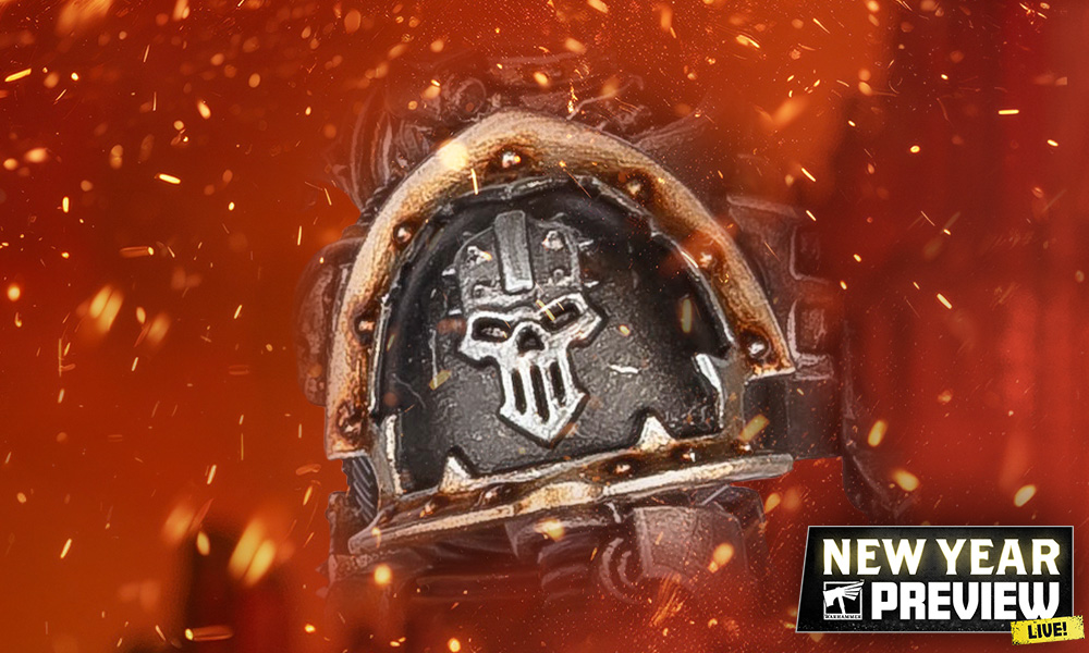 An Iron Warriors shoulder pad against a flaming background