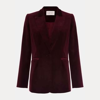 A cutout of a burgundy Phase Eight Velvet Jacket on a light background