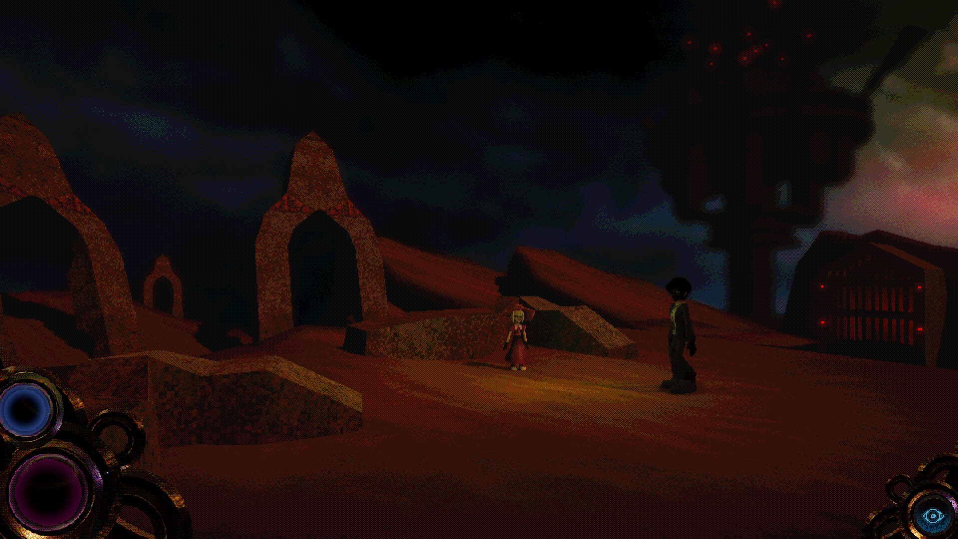 psychopomp 2 fixed camera perspective characters talking near ruins