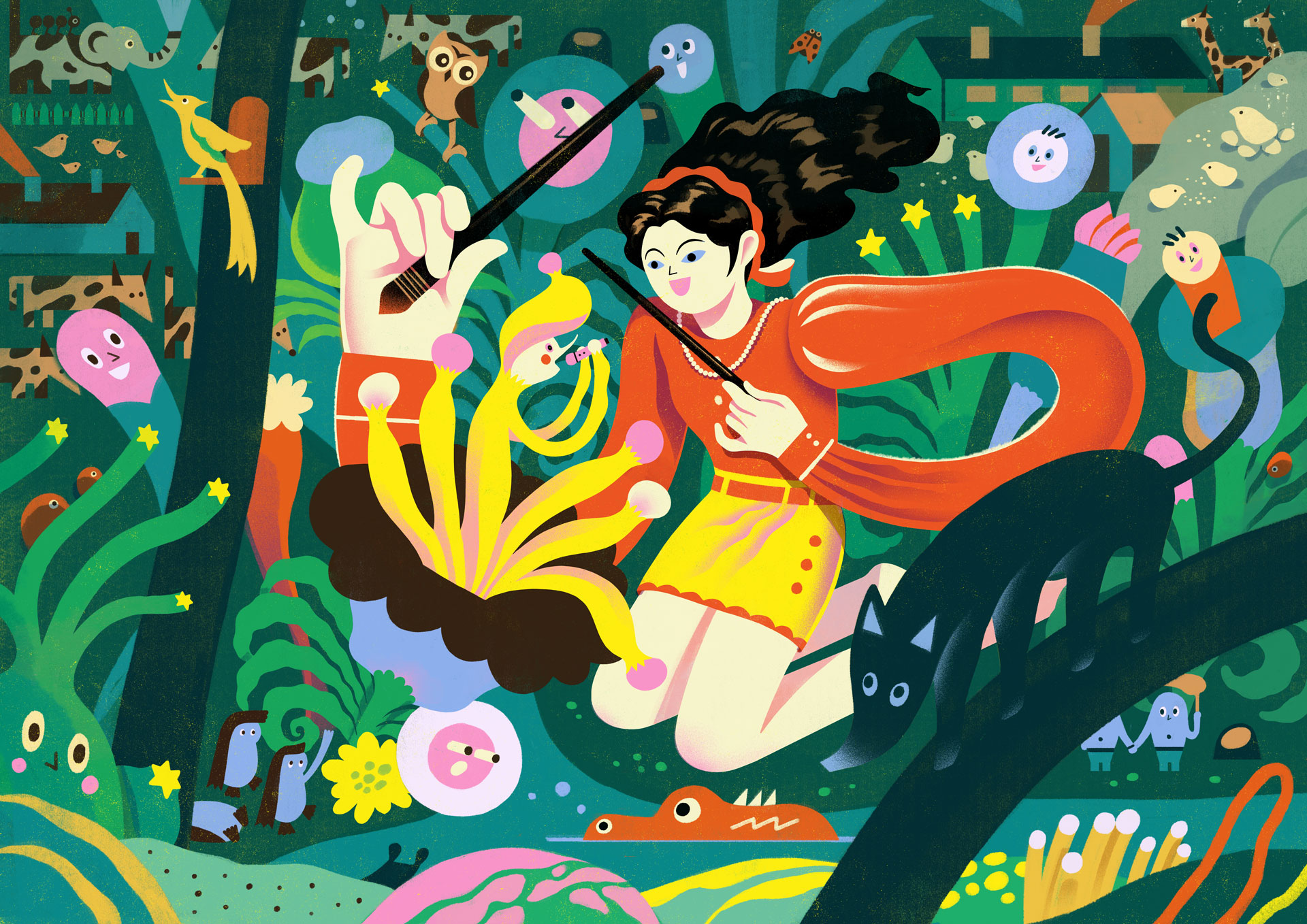 Peilin Li. illustration of a girl in a garden