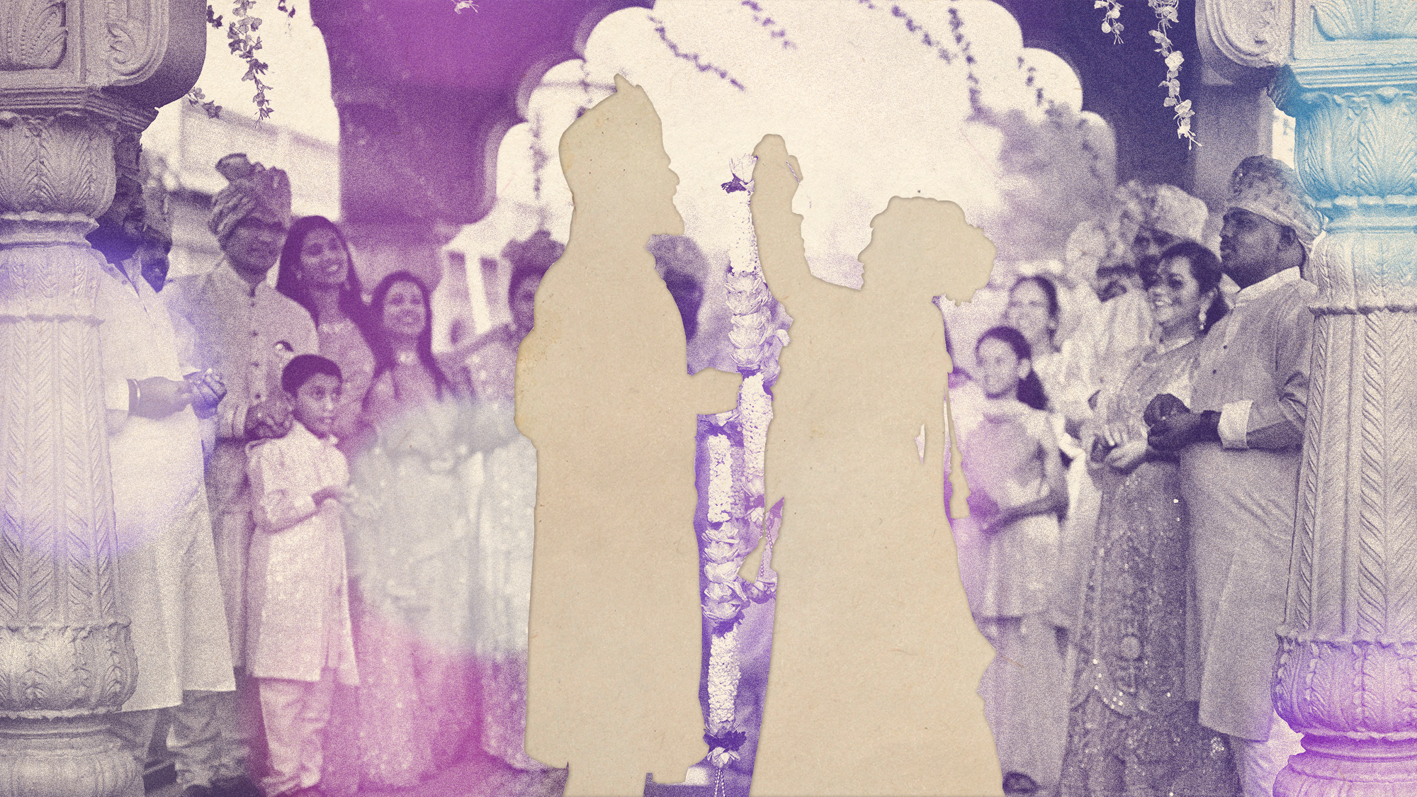 Photo collage of a wedding in India, with the couple cut out of the picture
