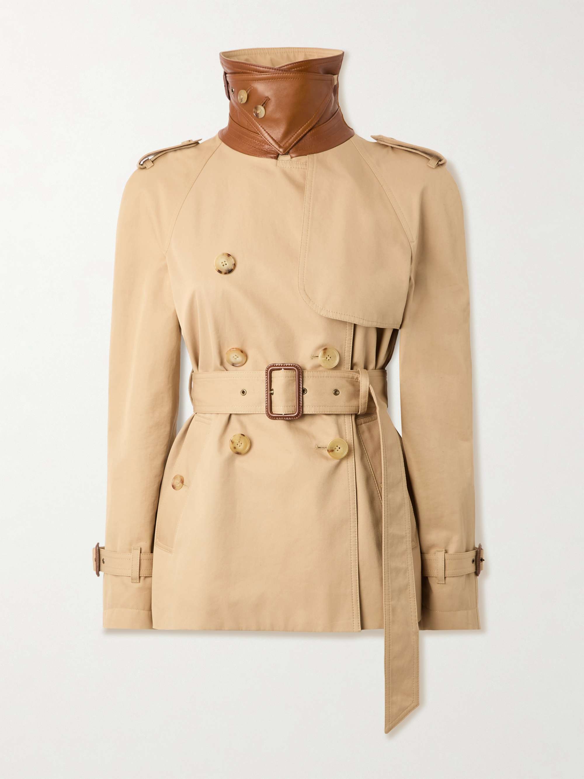Double-Breasted Leather-Trimmed Cotton-Gabardine Trench Coat