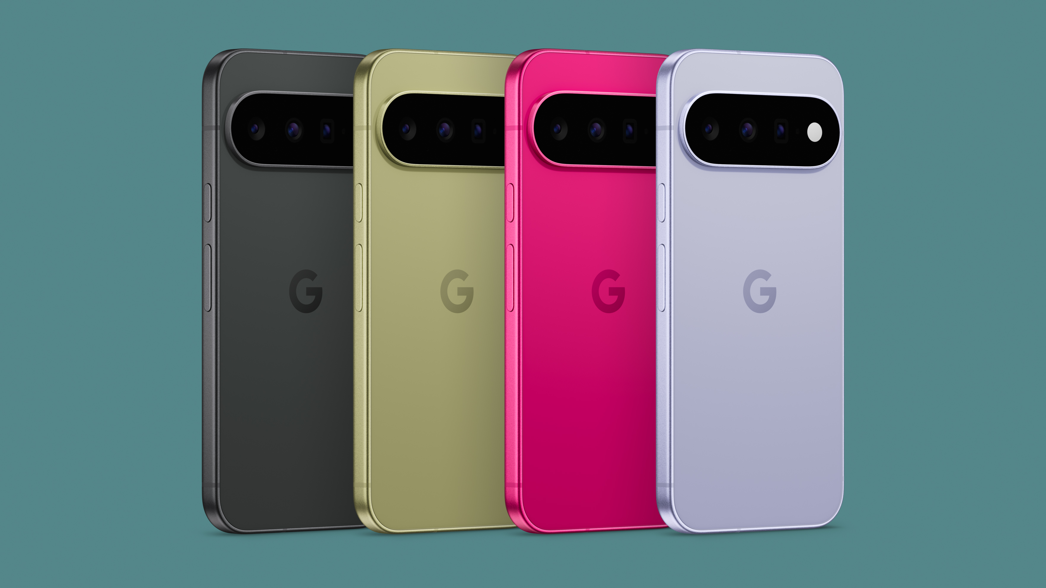 Google Pixel 11 phones in all colors, against a blue background