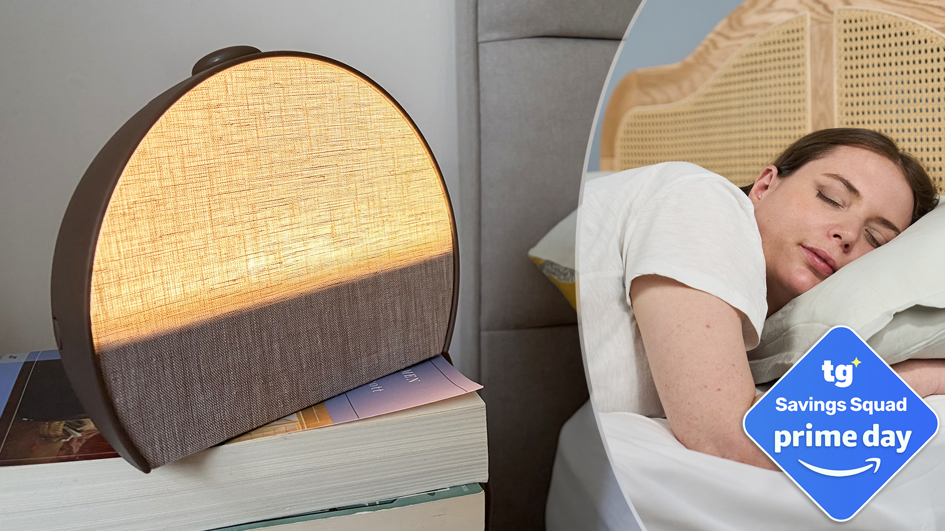 On the left is a close up of the Hatch Sleep Clock set to sunrise mode. On the right is tester Ruth Jones sleeping. A Tom's Guide Savings Squad Prime Day deals badge is in the bottom right corner
