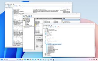 Windows 11 desktop with legacy tools opened, including Services, Event Viewer, and Device Manager.