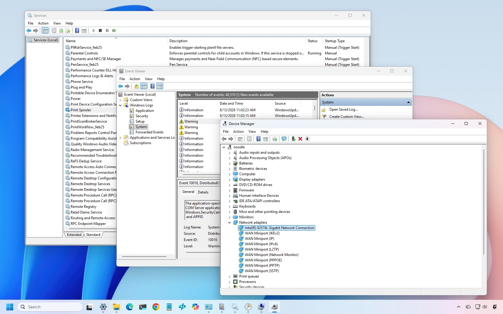 Windows 11 desktop with legacy tools opened, including Services, Event Viewer, and Device Manager.
