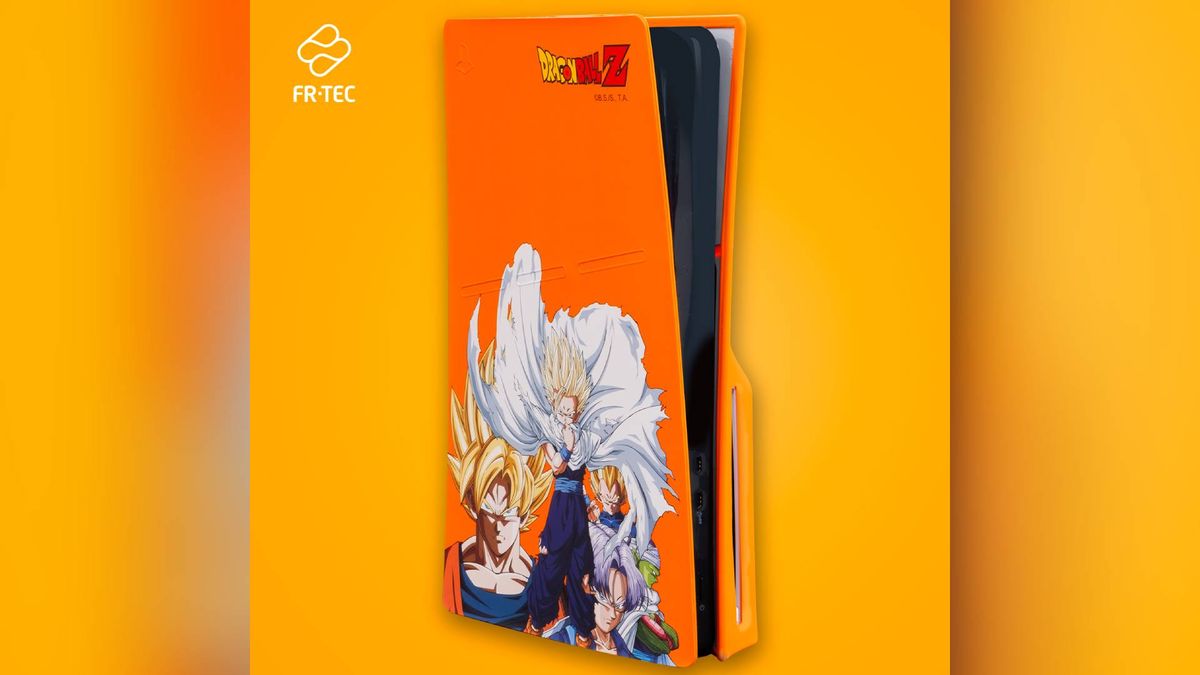 Official marketing image of the FRTEC Dragon Ball Z Silicone Cover For PS5 Disc Slim Edition Console.