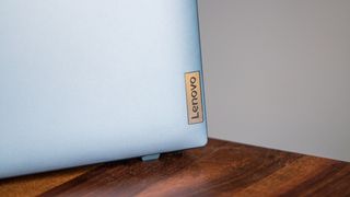 Close-up of Lenovo logo on Lenovo ThinkPad C14 Chromebook Enterprise