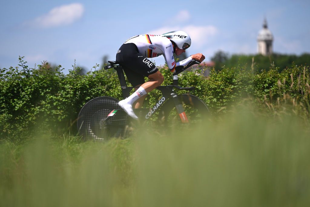 NEULISE FRANCE JUNE 05 Nils Politt of Germany and UAE Team Emirates sprints during the 76th Criterium du Dauphine 2024 Stage 4 a 344km individual time trial at stage from SaintGermainLaval to Neulise 552m UCIWT on June 05 2024 in Neulise France Photo by Dario BelingheriGetty Images