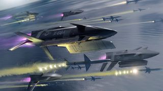 a swarm of missiles with wings fly above the ocean while firing other, smaller missiles