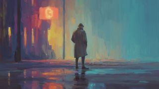 Painting-style image of a man in a hat and trench coat standing in a rainy city street at night