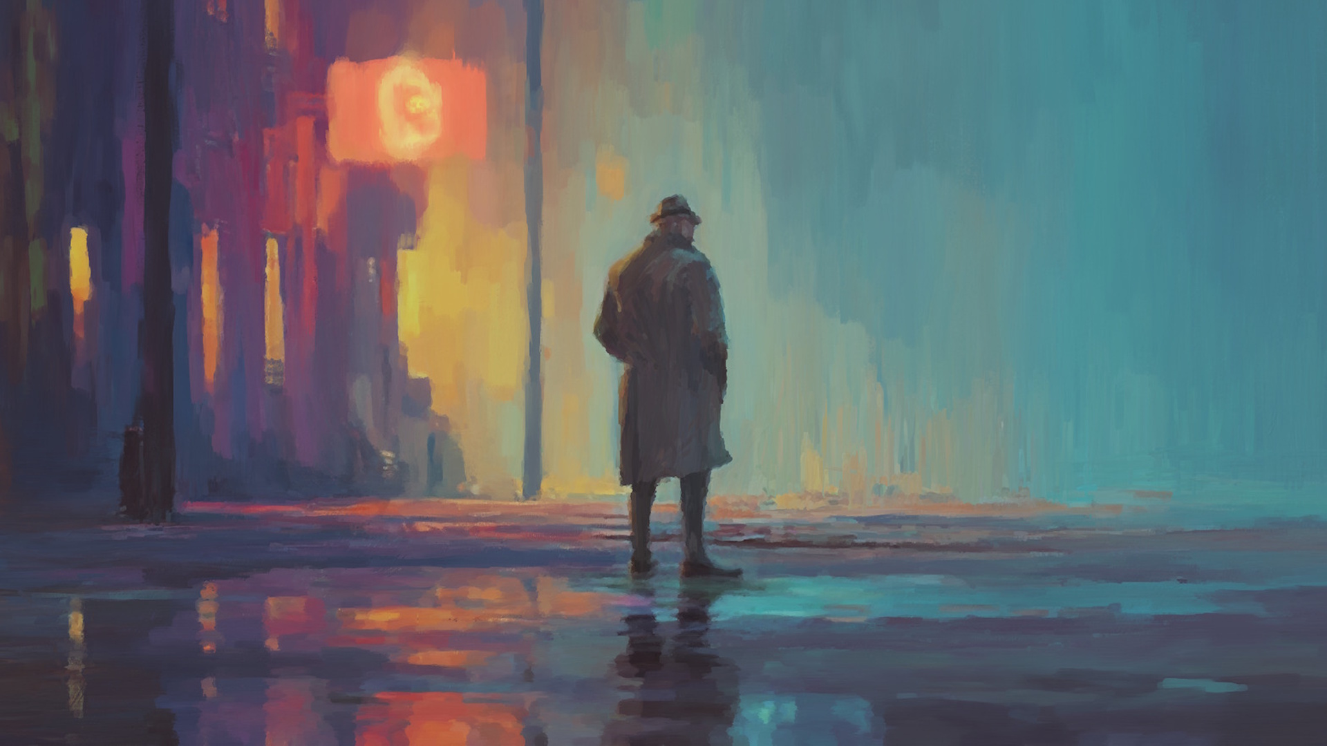 Painting-style image of a man in a hat and trench coat standing in a rainy city street at night