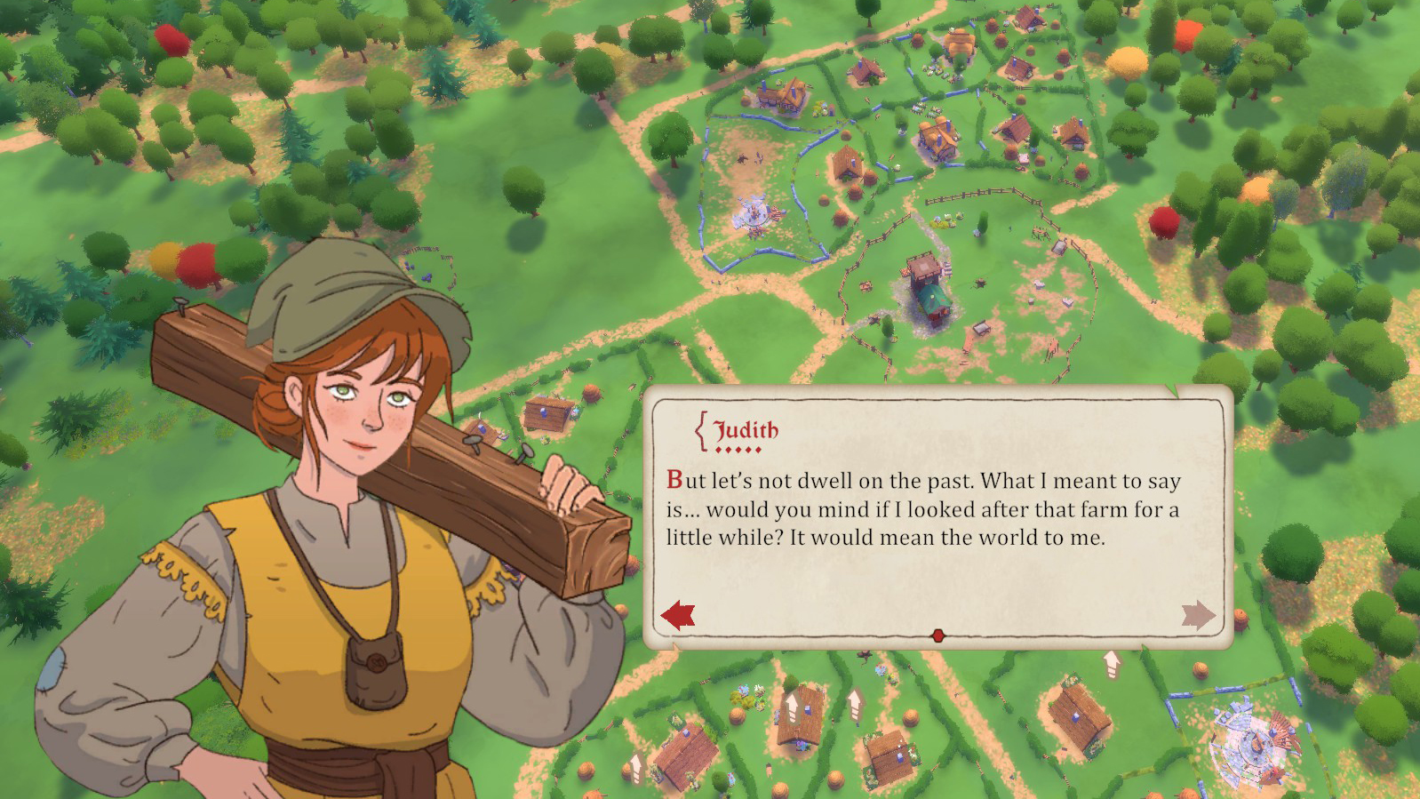 A character asking to work on a farm with a medieval town in the background