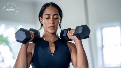 Home workouts with dumbbells: A woman working out at home