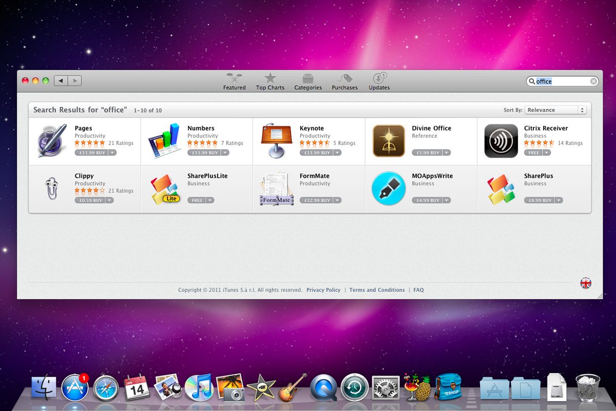 Search results in the Mac App Store with the Store's Dock icon badge visible