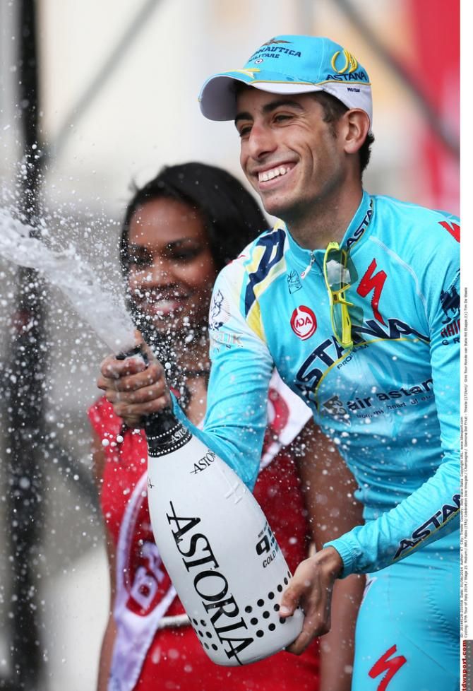 Fabio Aru (Astana) spraying the champagne