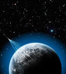 illustation of high-energy cosmic rays hitting earth.