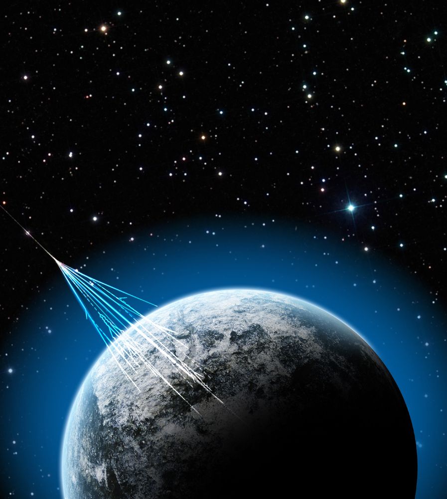 illustation of high-energy cosmic rays hitting earth.