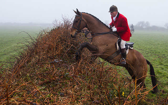 Four Burrow hunt chairman Jim Pascoe neatly hops up onto a Cornish bank