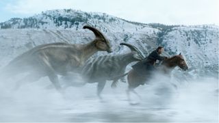 Chris Pratt and Parasaurolophus in Jurassic World Dominions