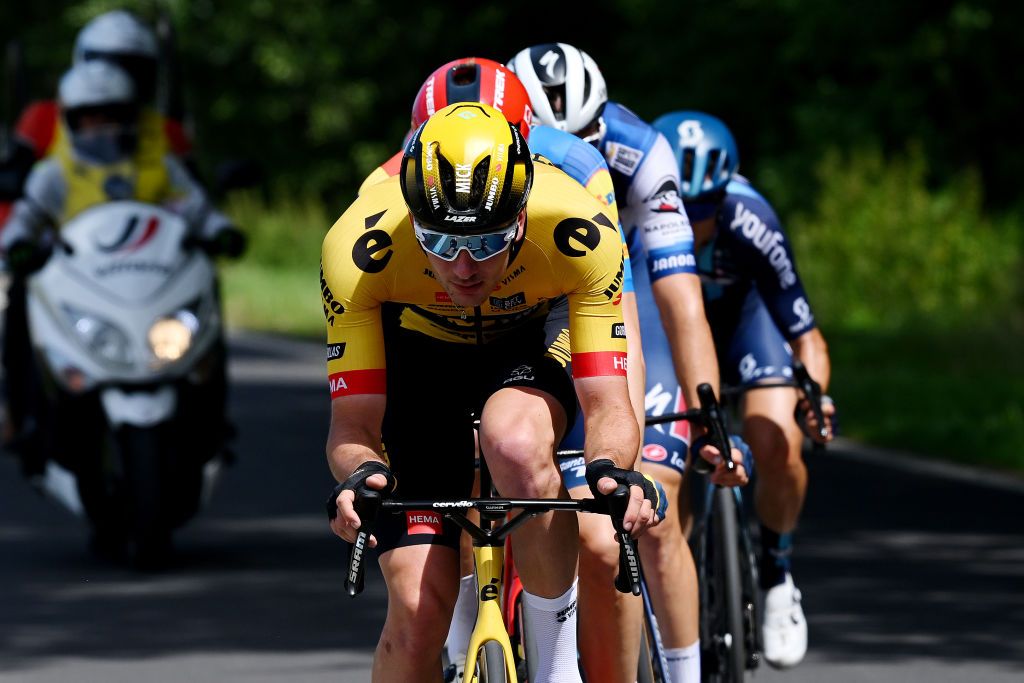 BIELSKOBIALA POLAND AUGUST 02 Mick Van Dijke of The Netherlands and Team JumboVisma competes in the breakaway during the 80th Tour de Pologne 2023 Stage 5 a 1988km stage from Pszczyna to BielskoBiala 430m UCIWT on August 02 2023 in BielskoBiala Poland Photo by Dario BelingheriGetty Images