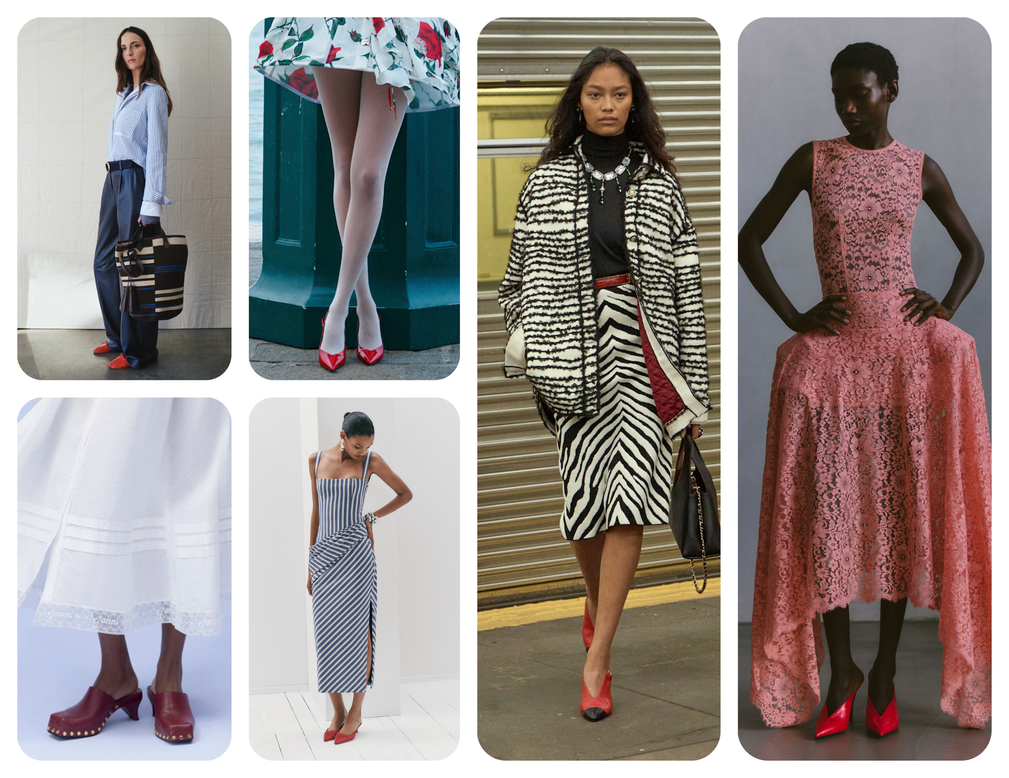 summer shoe trends 2026, red shoes at TWP, Blumarine, Chanel, Stella McCartney, Ganni, and Carolina Herrera