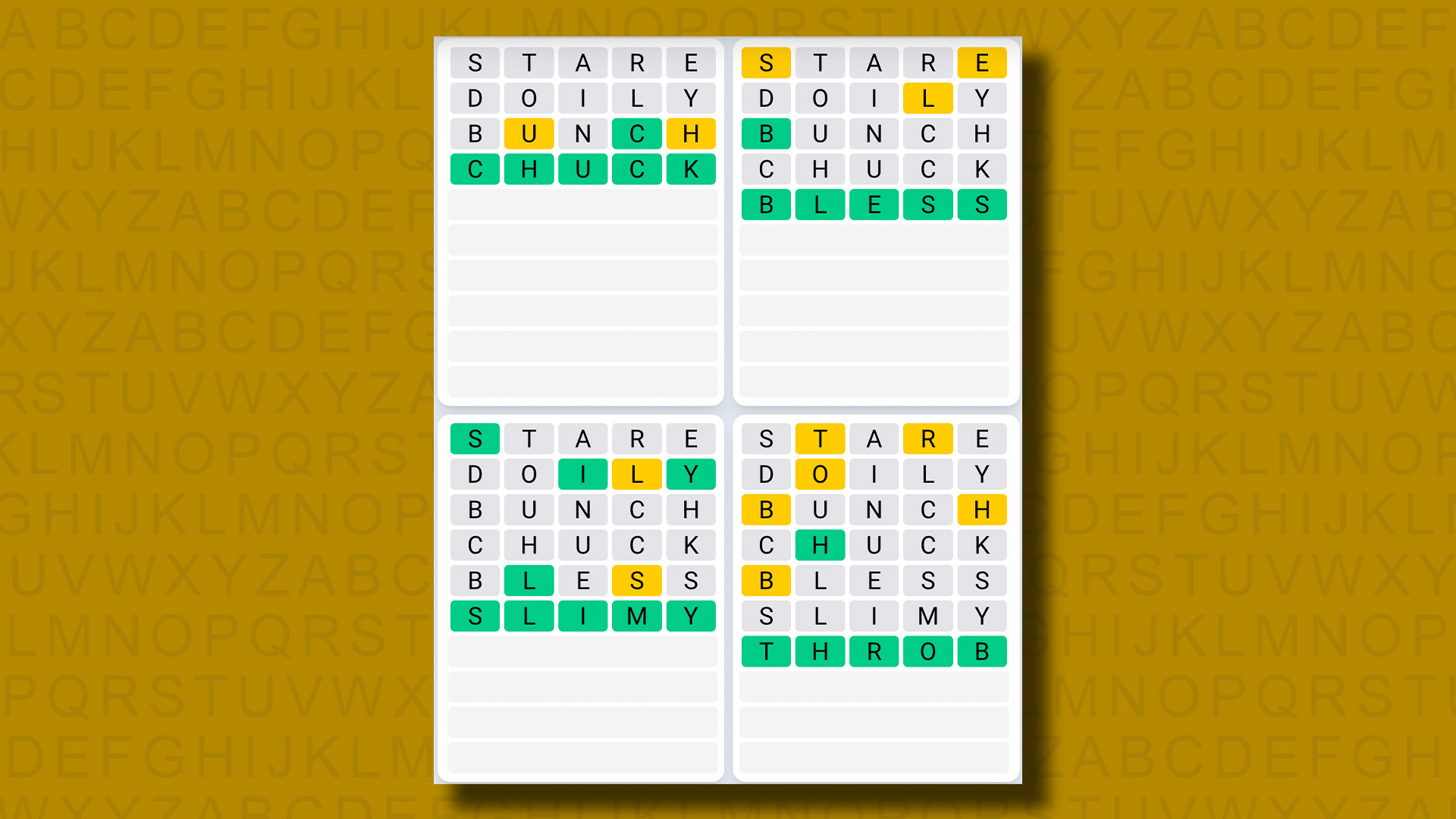 Quordle Daily Sequence Answers for Game 934 on a Yellow Background