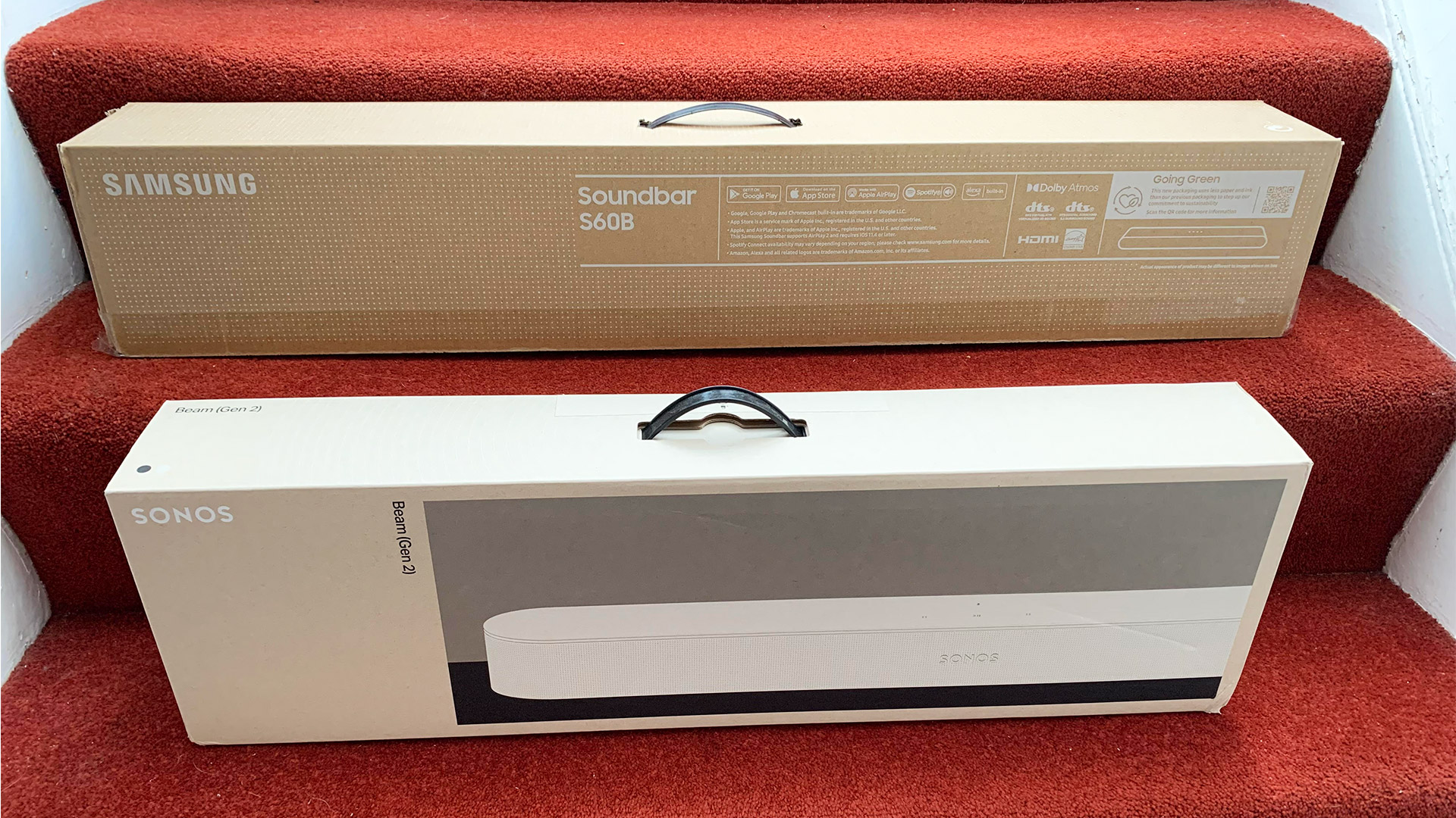 The Sonos Beam Gen 2 next to the Samsung HW-S60B