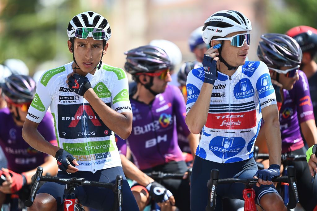 ALBACETE SPAIN AUGUST 18 LR Egan Arley Bernal Gomez of Colombia and Team INEOS Grenadiers White Best Young Rider Jersey and Kenny Elissonde of France and Team Trek Segafredo Polka Dot Mountain Jersey prior to the 76th Tour of Spain 2021 Stage 5 a 1844km stage from Tarancn to Albacete lavuelta LaVuelta21 on August 18 2021 in Albacete Spain Photo by Gonzalo Arroyo MorenoGetty Images