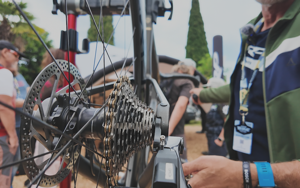 image shows cassette and gear system on a road bike