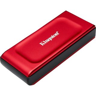 Kingston XS1000R hard drive angled front view, red coloured on white background